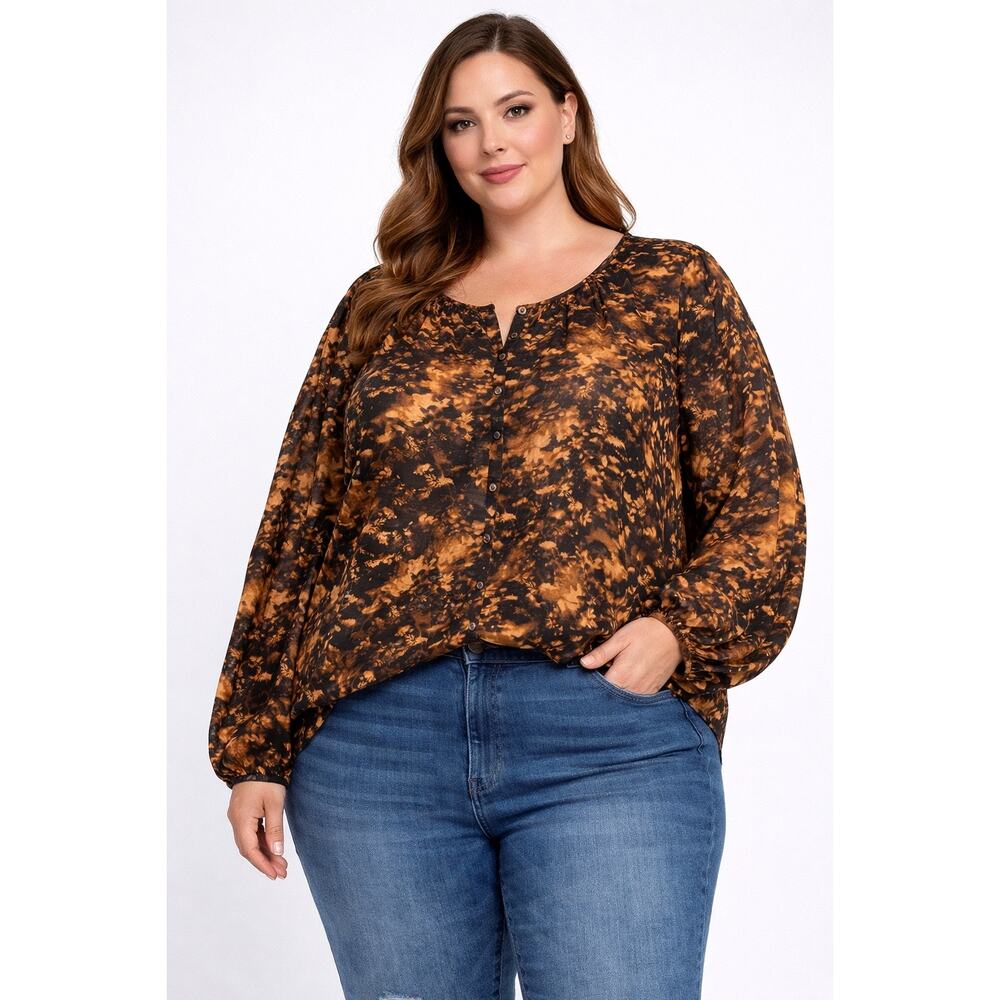 1089 SZ 3X Calvin Klein Brown Blouse Top Puff Sleeve Button Front All Over Print